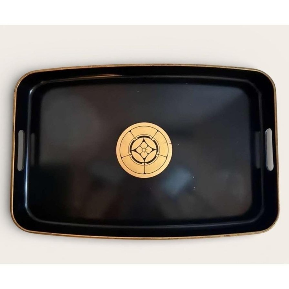 Japanese Obon Tray Black Lacquer Ware Floral Geometric Pattern 19" X 12.5"